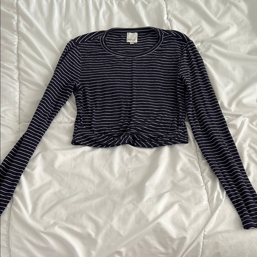 MP|C Navy and White Striped Twist Front Crop Top